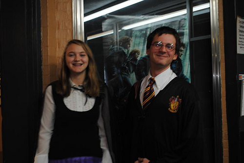 WT Students pose outside the Varsity Theater in costume for Harry Potter and the Deathly Hallows.