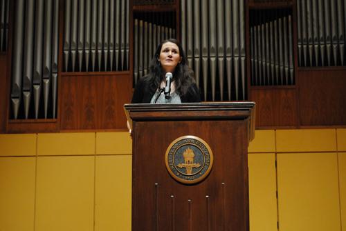 Liz Murray speaking at Mary Moody Northern Recital Hall during Comm Week. Photo by Lisa Hellier.