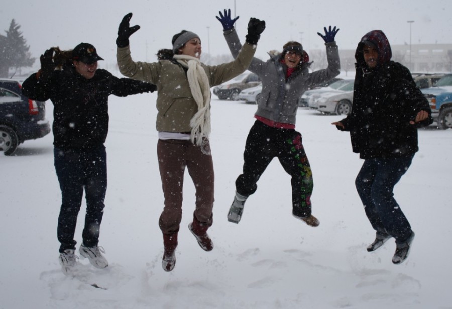 The+Prairie+Staff+poses+in+the+snow.+Photo+by+Butler+Cain.