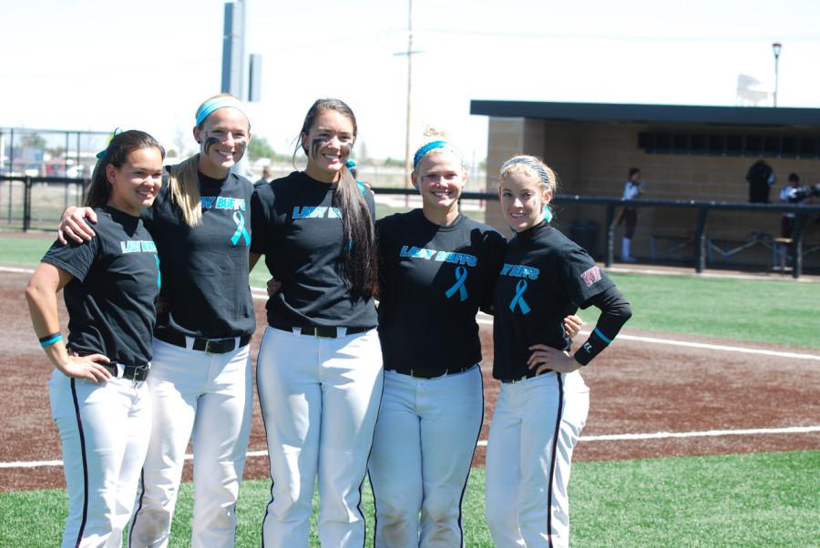Seniors (L-R) Kristina Myles, Kim LeComte, Marci Womack, Meghan Brown and Whitney Midkiff after the weekend’s games. Photo by Melissa Bauer-Herzog.