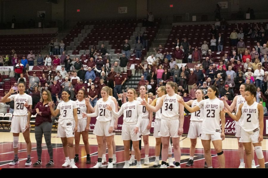 The Lady Buffs continued to fight until the last buzzer. WT won their final games, 80-46. The team took their place on the court to celebrate with the Schools national anthem. They closed their season off with 26 wins and 5 losses. 