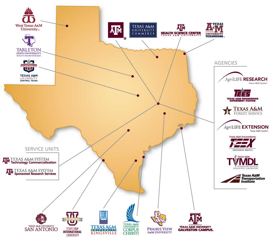 A map of the universities and agencies that are a part of the Texas A&M system.