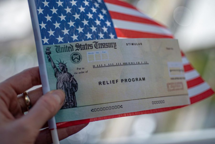A picture of a relief program check on the United States flag