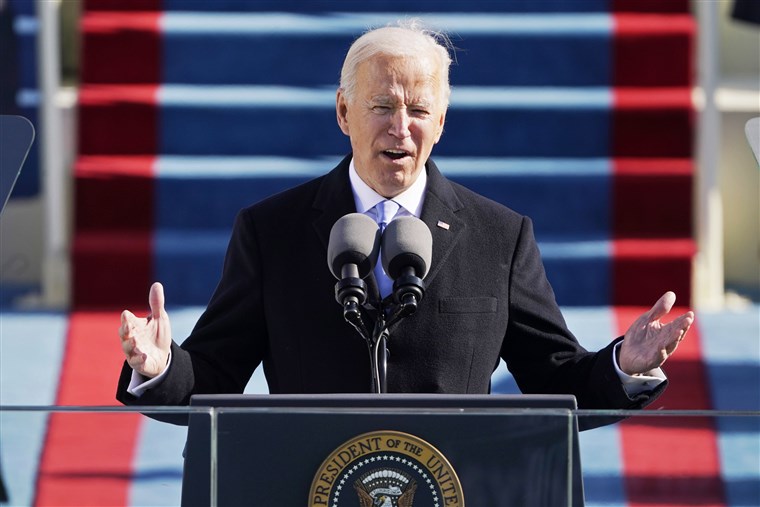 Biden giving his inaugural address. Courtesy of NBC News.