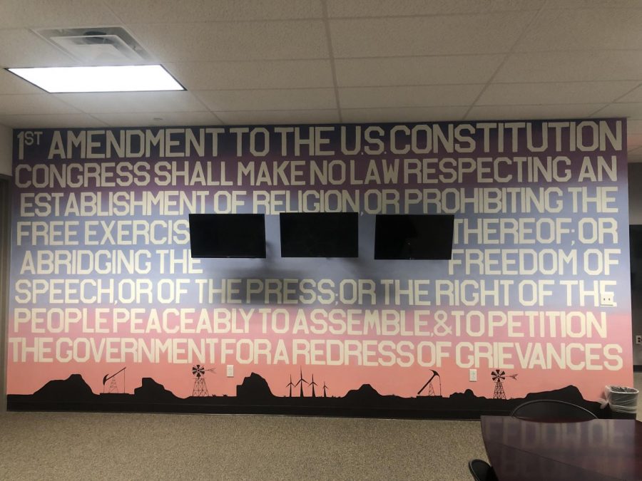 A picture of the completed Art Mural wall in The Prairie Newsroom designed by WTAMU art students. (Photo taken on Tuesday October 26 2021)