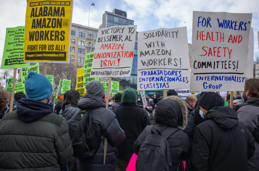 NEW YORK, N.Y. – Feb. 20, 2021: Demonstrators rally in Union Square Park in support of Amazon warehouse workers in Bessemer, Alabama who are seeking to form a union.