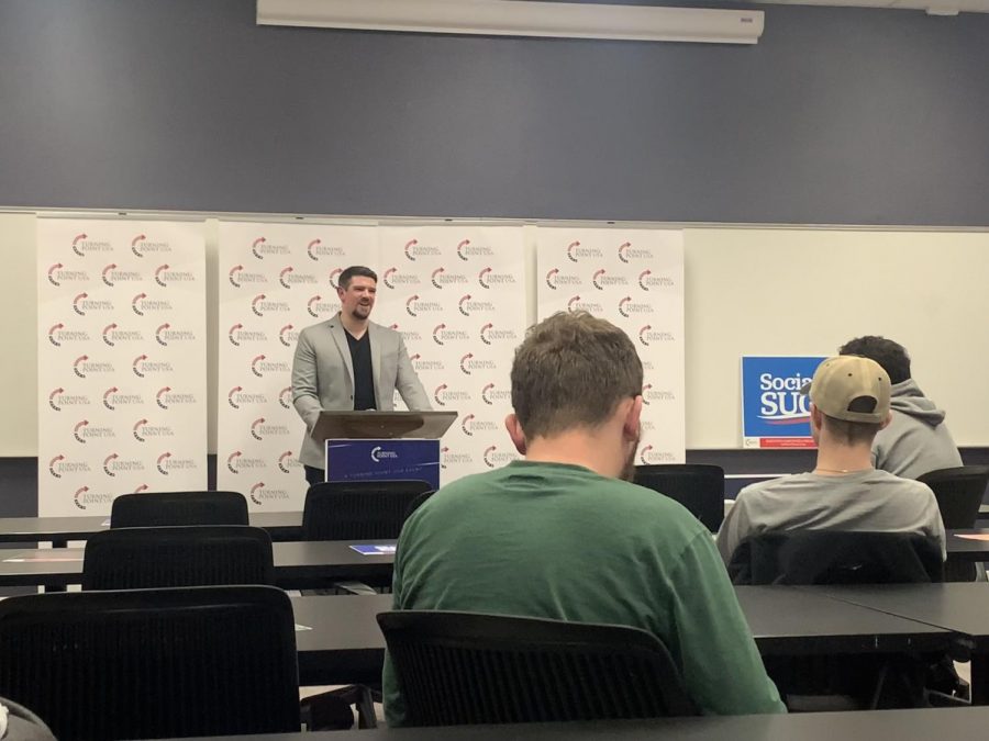 Canyon, TX – Dec 1, 2021: WTAMU students listen to the WT Turning Point USA guest speaker, Ian Haworth, about the topic of censorship in the media