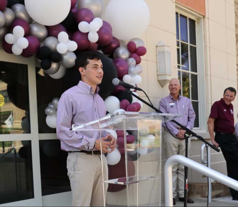 Student Body President Bryan Garcia (left) gives a speech on September 2, 2021 in front of the Engineering and Computer Sciences Building at the announcement of the One West Campaign with Dr. Todd Rasberry, vice president for philanthropy and external relations (center) and WT President Walter V. Wendler (right).