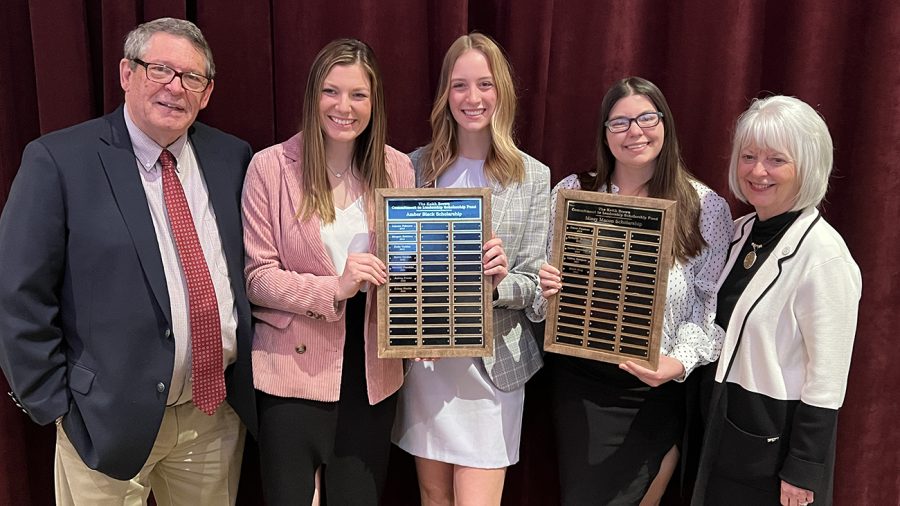 Rogers LEAD WT Scholars of the Year Kelsey Shields, second from left, Aubrey Freese and Sarah King are congratulated by Dyke and Terry Rogers, who endowed the leadership program. Photo provided by WT Communication and Marketing. 