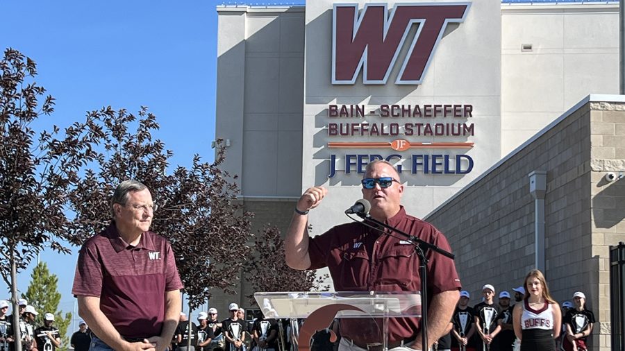 Photo: David Schaeffer, left, and Mike Bain speak on behalf of their families at Bain-Schaeffer Buffalo Stadium on Sept. 2 at West Texas A&M University. The home football season will kick off Sept. 3.