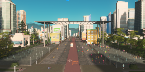 A pedestrian oriented street offers new ways for the game sims to interact without the need for cars. The new large glass pavilion provides a third place for the sims to relax.