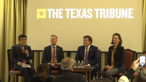 Local leaders from rural Texas sit down with the Texas Tribune on the campus of Texas Tech University for a discussion about the future of rural Texas. (From right to left, Amarillo mayor Ginger Nelson; Lufkin mayor Mark Hicks; City Councilman from Lubbock, TX, Steve Massengale and editor-in-chief of the Texas Tribune, Sewell Chan.)
