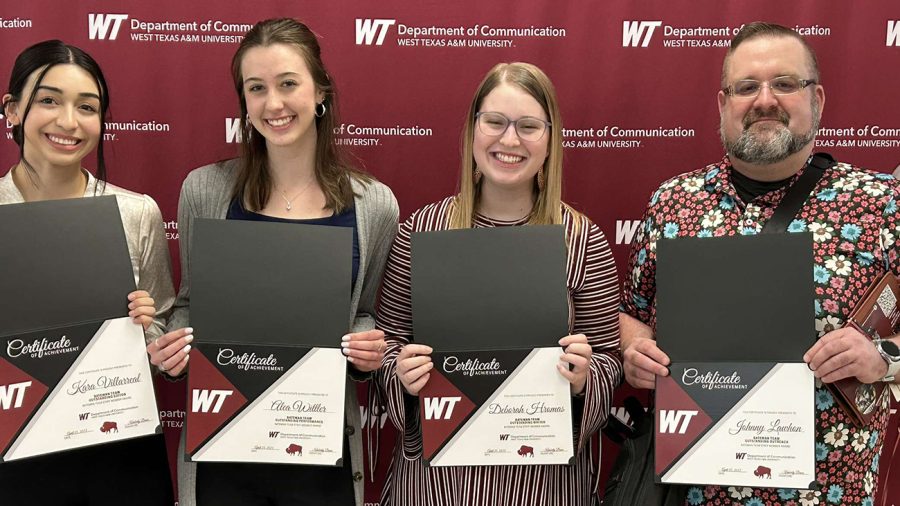 Among the winners of year-end awards in West Texas A&M Universitys Department of Communication are, from left, Kara Villarreal, Alea Wittler, Deborah Hromas and Johnny Lawhon.