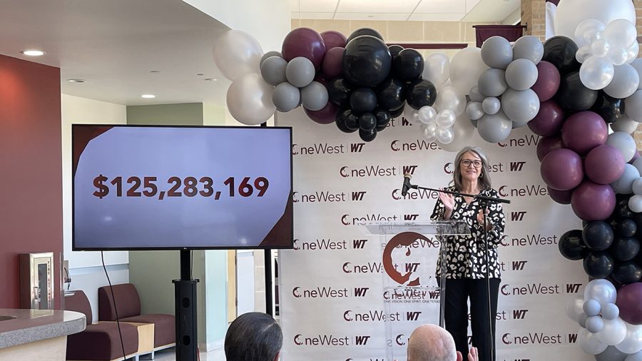 One+West+campaign+co-chair+Sherry+Schaeffer+announces+that+West+Texas+A%26M+University+has+broken+its+%24125+million+campaign+goal+about+18+months+early.+The+campaign+will+continue+through+2025.
