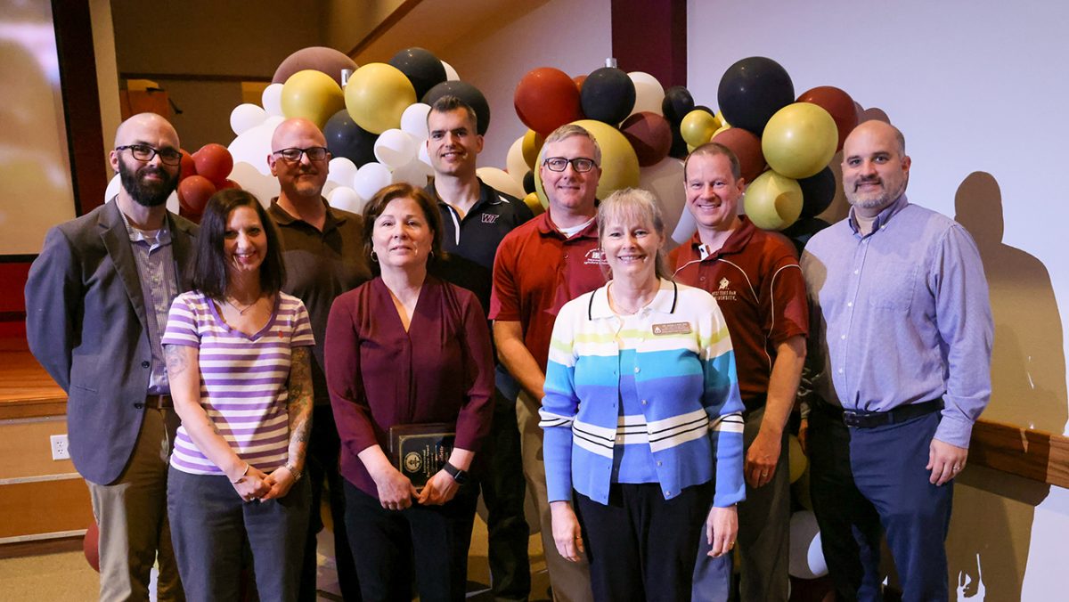 Newly named professors at West Texas A&M University include, front from left, Dr. Maxine DeButte, Dr. Collette Loftin and Dr. Angela Phillips, and back from left, Dr. Tim Bowman, Dr. Christopher Meerdink, Dr. Jeremy Lewis, Dr. John Richeson, Dr. Sean PUllen and Dr. Guglielmo Manfredi.