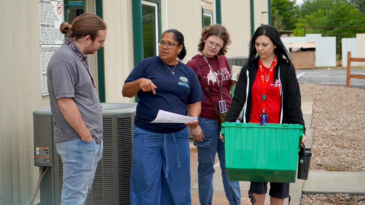  WT AmeriCorps members partner with rural programs across the Panhandle, including Cactus Nazarene Ministries. Seen here are WT AmeriCorps member Quentin Romero, from left, site supervisor Alshandra Visagie, and WT AmeriCorps members Brianna Hinders and Mary Boemmel.