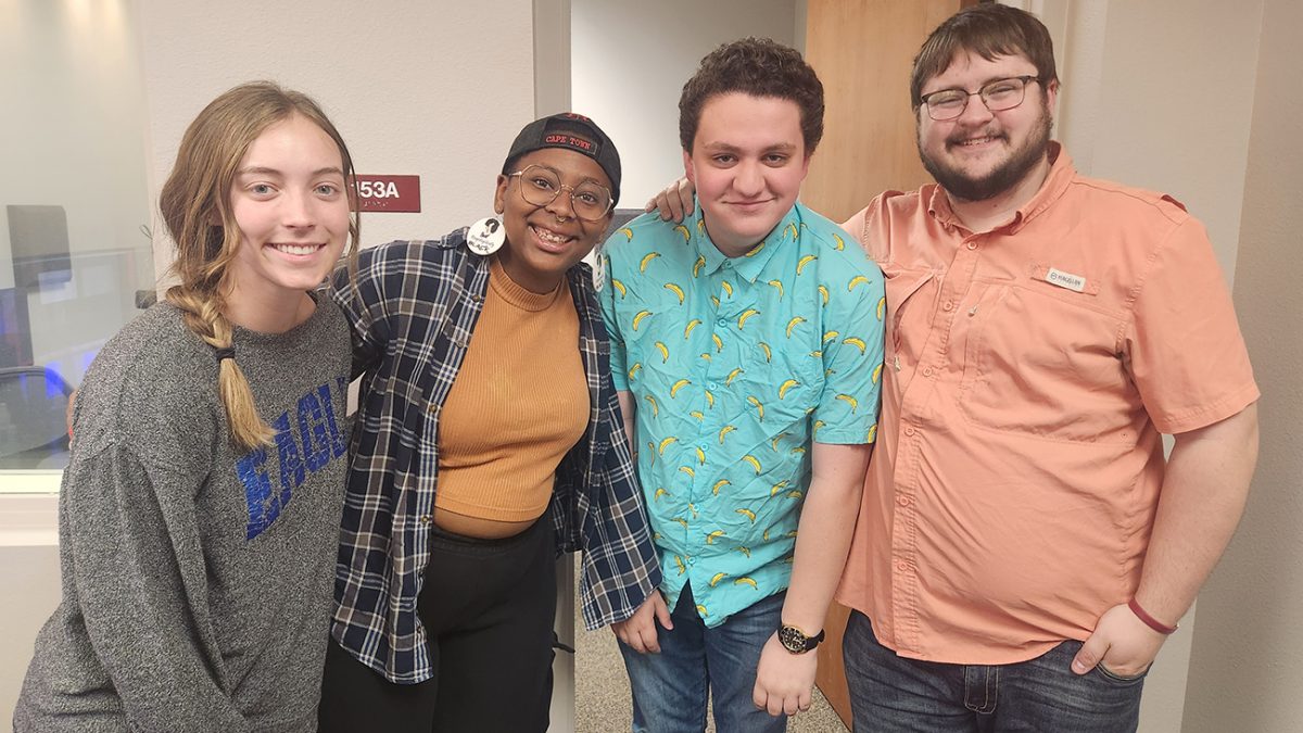 Myka Bailey, left, and Thomas Rodriguez, second from right, will be the hosts of student-run I Am WT podcast for West Texas A&M University, taking over for inaugural hosts Tearanee Lockhart, second from left, and Brae Foust, right.