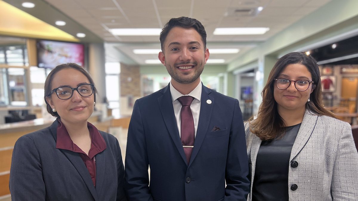 The West Texas A&M University Student Government Association leadership team for 2023-24 includes, from left, Chloe Barham, chief justice; Filiberto Avila, president; and Zyna Juma, vice president.