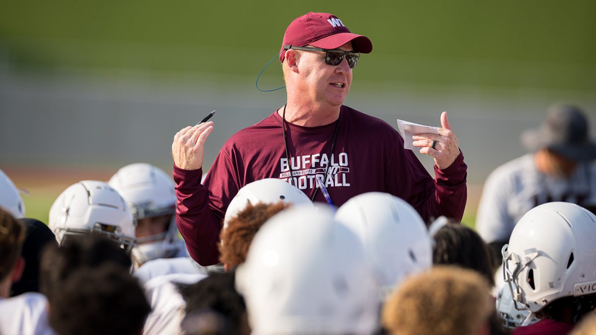 New WT head football coach Josh Lynn leads the team in a recent scrimmage match. His first home game with the Buffs is Sept. 9 against Adams State University. (Photo by Joe Garcia) 