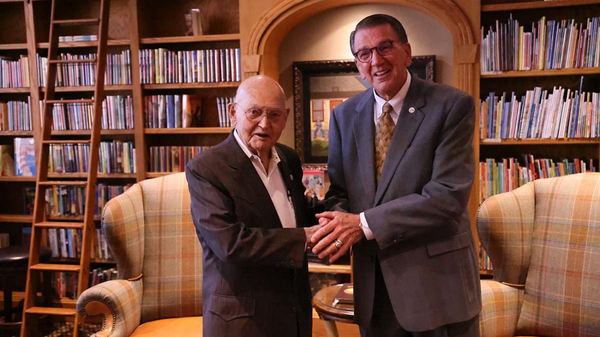 Dr. Paul Engler makes his annual presentation of $1 million Aug.30 to West Texas A&M University, represented by President Walter V. Wendler. 

