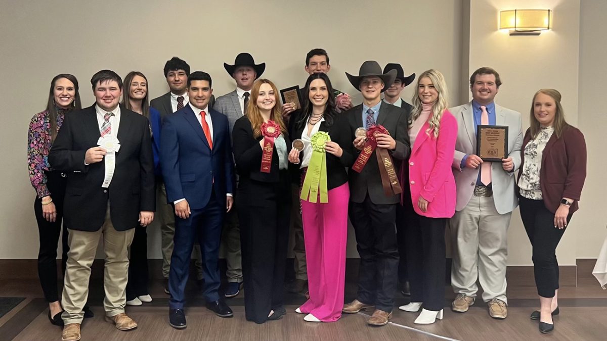 West Texas A&M University's meat judging team took reserve champion honors at the Eastern National Meat Judging Contest in Wyalusing, Pennsylvania. Team members and coaches include, back from left, Dr. Loni Lucherk, Megan Miller, Parker Franz, Caleb Olfers, Ryan Heightschmidt and Colt Edrington; and, front from left, Noah Harrell, Juan Carlos Buentello, Mikayla Hudnall, Madison Colvin, Elijah Mathis, Payton Ownbey, Bryce Hutson and Megan Eckhardt.