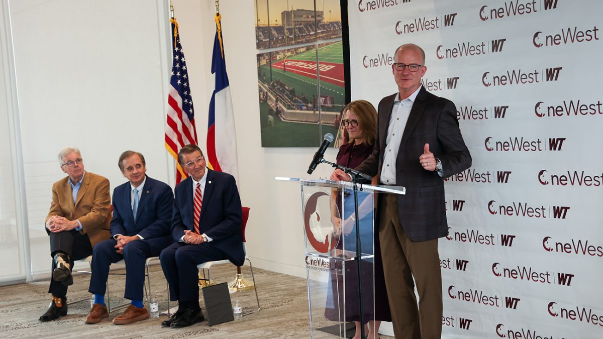 Cheryl and Alex Fairly, right, announce a $20 million gift to West Texas A&M University to fund the Hill Institute, a scholarly institute at the University that will focus on the promotion of Texas Panhandle values. Also speaking at the announcement were, from left, Texas Lt. Gov. Dan Patrick, The Texas A&M University System Chancellor John Sharp, and WT President Walter V. Wendler.