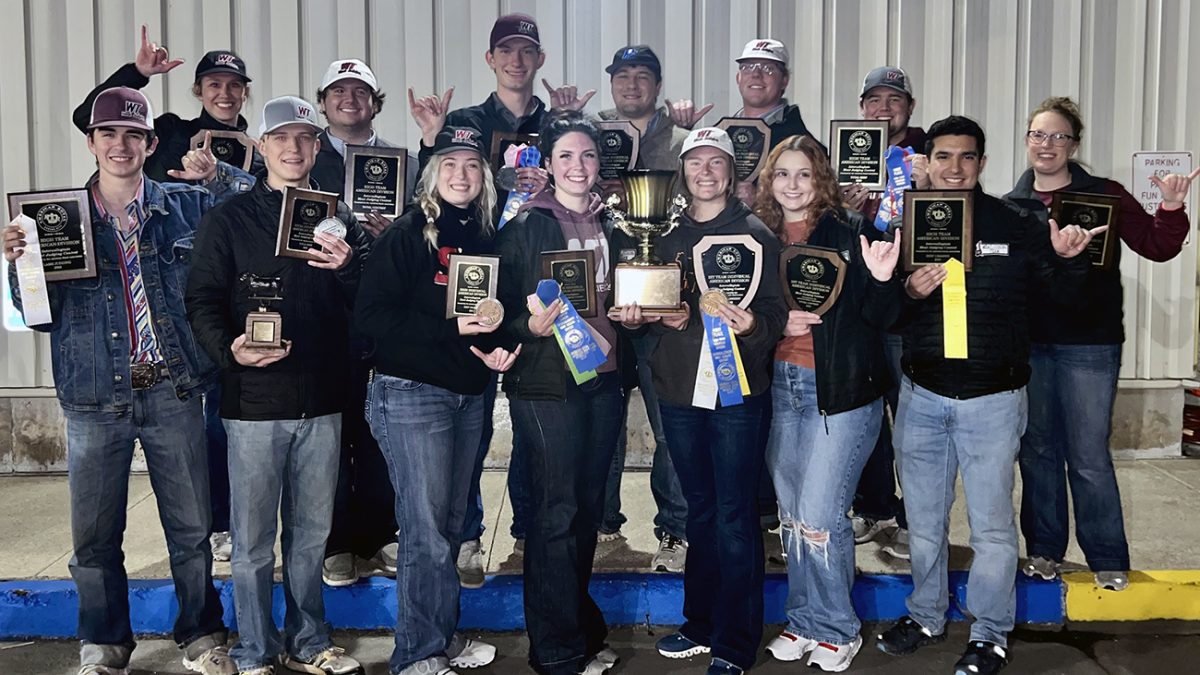The West Texas A&M University meat judging team won the American Royal Meat Judging contest Oct. 15 with a record score. Members include, top from left, coach Dr. Loni Lucherk, Bryce Hutson, Ryan Heitschmidt, Parker Franz, Caleb Olfers, Noah Harrell, coach Megan Eckhardt; and, bottom from left, Colt Edrington, Eli Mathis, Payton Owenby, Madison Colvin, Megan Miller, Mikayla Hudnall and Juan Carlos Buentello.