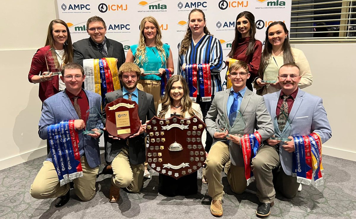 The West Texas A&M University meat judging team was named an international champion at the Intercollegiate Meat Judging Conference in Wagga Wagga, Australia, in July 2022. Team members include, front from left, Caleb Baker, Jacob McMillan, Shannon Anderson, Cole Petit and Carter Mortensen; and, back from left, coach Dr. Loni Lucherk, Jeffrey Morphis, Ambri Harrigal, Tessa Barrett, Jenna Mayer and Coach Kara Belt.