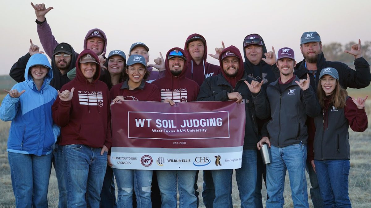 Members and coaches of the victorious West Texas A&M University soil judging team are, back from left, Christian Lockhart, Alex Kuehler, Mia Key, Tessa Barrett, Dayson Schacher, Paden Markham and Riley Siders; and, front, from left, Kassidy Langley, Payton George, Sanjuana Bela Juarez, Cristian Camacho, assistant coach Cade Bednarz, Tyler Schneider and coach and instructor Lauren Selph.