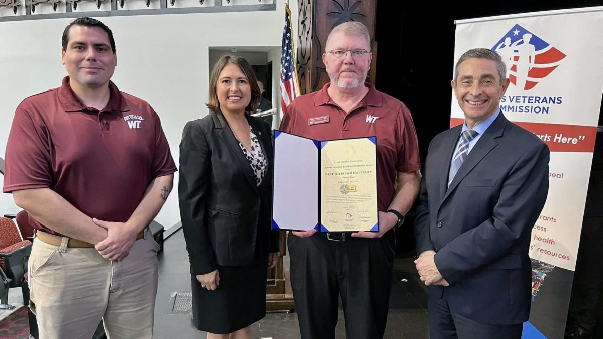 West Texas A&M University’s Office of Military and Veterans Services accepted a 2023 Veteran Education Excellence Recognition Award from the Texas Veterans Commission on Oct. 23. Pictured are, from left, WT student Michael Rodriguez, a senior computer information systems major from Canyon and U.S. Navy veteran; Laura Koerner, TVC commission chair; James Thompson, WT military and veteran services community coordinator; and Tom Palladino, TVC executive director. (Photo courtesy Texas Veterans Commission)