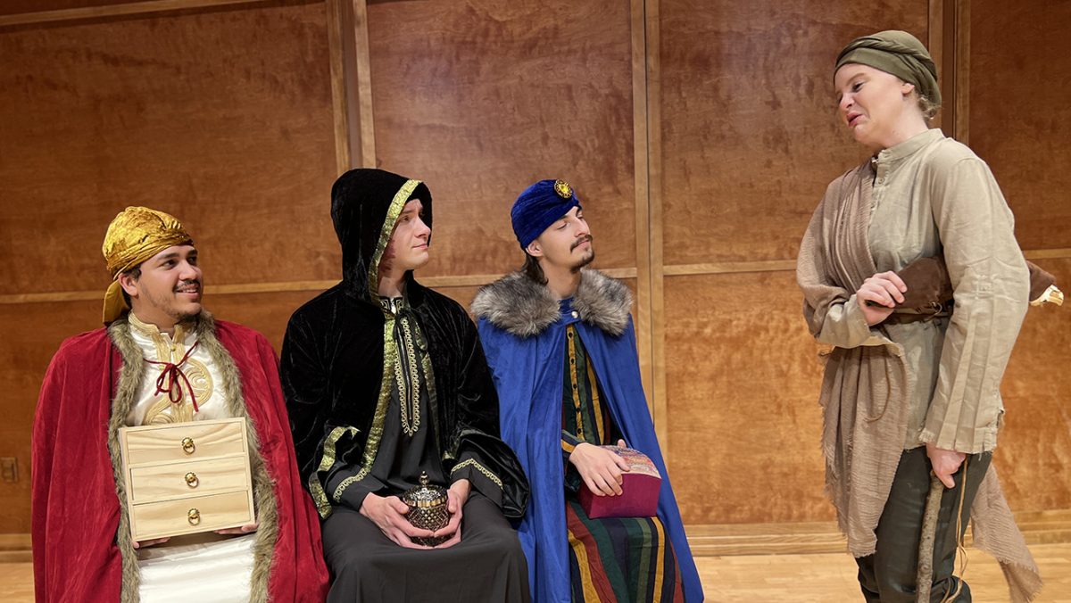 Cast members of WT Operas Amahl and the Night Visitors include, from left, Julian Ayala as King Kaspar, Oscar Hample as King Balthazar, Kelton Harbison as King Melchior, and Sarah Estes as Amahl. The holiday opera will be performed Nov. 30 and Dec. 1. 