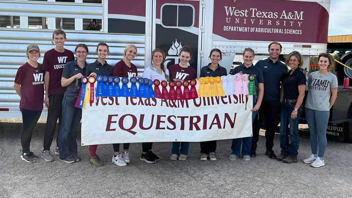 The hunt seat squad for the WT Equestrian Team recently took first place in competition at Tarleton State University. Pictured are, from left, coach Maggie Murphy, Ryan Wight, Brooke Forsse, Ashley Polson, Johanna Anderson, Elizabeth Dreyer, Lexi Woestman, Anna Wilhelm, Miranda Whitten, Marty Kacsh, Katrina Taylor and coach Julia Bastian.