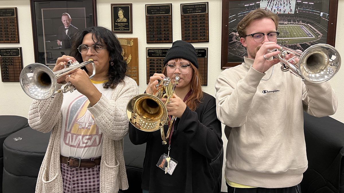 Trumpet+players+Emily+Sotelo%2C+Gisselle+Martinez+and+Maxwell+Gray+rehearse+for+West+Texas+A%26M+University%E2%80%99s+upcoming+jazz+band+concert.