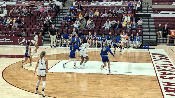 The Lady Buffs Basketball team sets up a play inside the First United Bank Center on Oct. 18, 2024. 